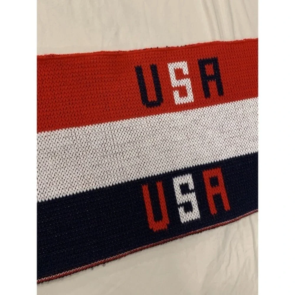Vintage USA Knit Scarf 7ft Patriotic‎ Red White Blue Knitmakers Made in USA